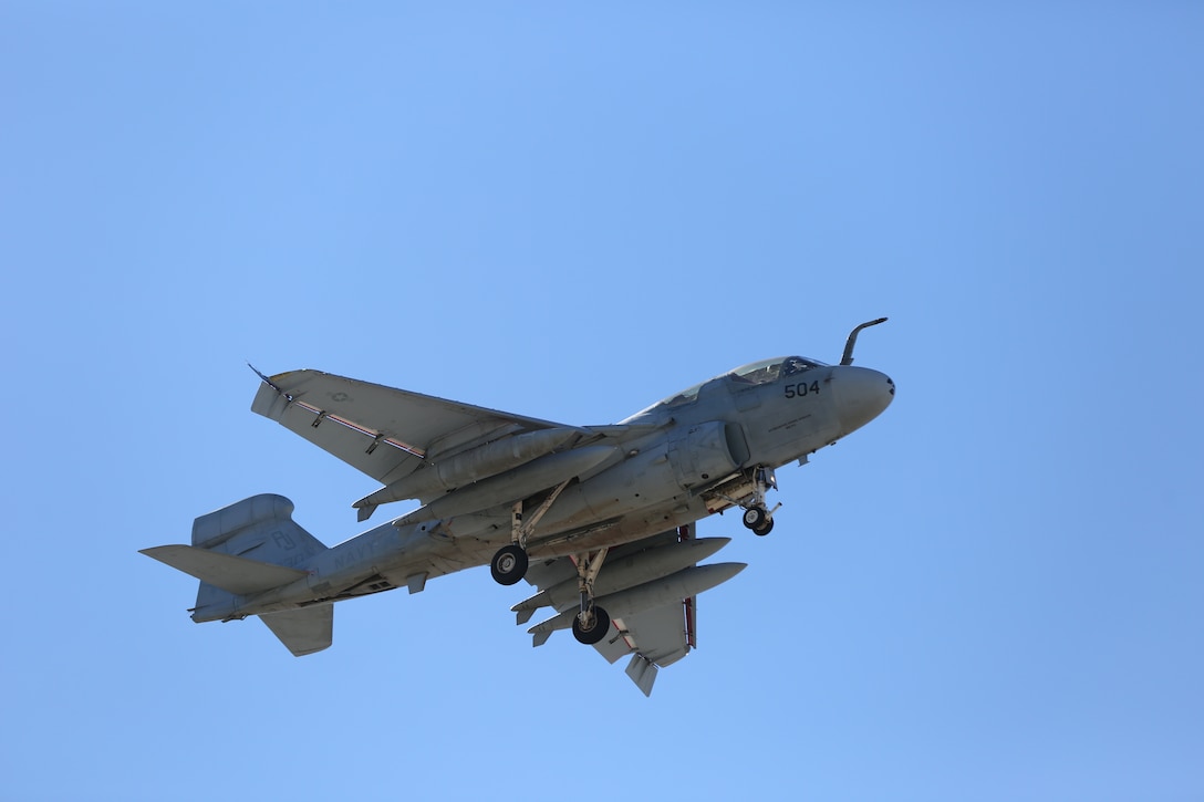 Navy EA-6B ‘Prowler’ performs its final fly-by above the Palm Springs Air Museum before its retirement, Nov. 21, 2014. The aircraft was one of the last four active ‘Prowlers’ in the Navy air fleet and has been in service since Aug. 1987. (Official Marine Corps Photo by Lance Cpl. Julio McGraw/Released)
