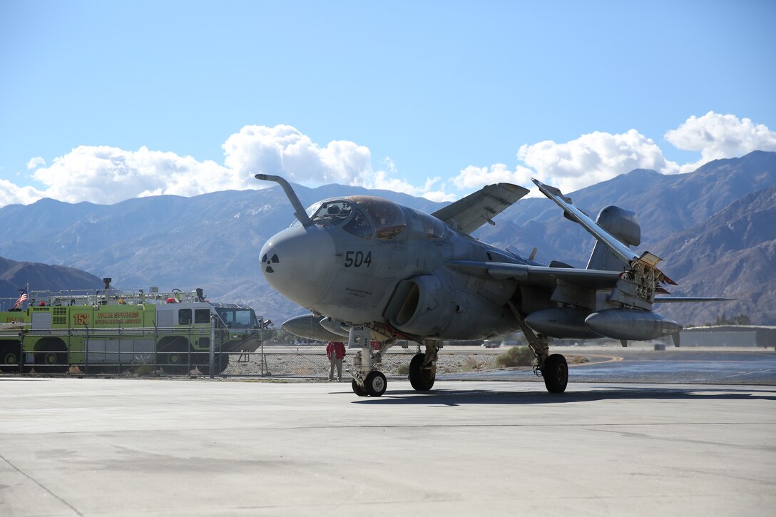 Navy EA-6B ‘Prowler’ fixed-winged aircraft taxies into position for its retirement ceremony at the Palm Springs Air Museum, Nov. 21, 2014. The aircraft was part of Electronic Warfare Squadron 134 based out of Naval Air Station Whidbey Island, Wash. and had just returned from a deployment aboard the Nimitz-class Supercarrier USS George H.W. Bush in support of Operation Enduring Freedom. (Official Marine Corps Photo by Lance Cpl. Julio McGraw/Released)