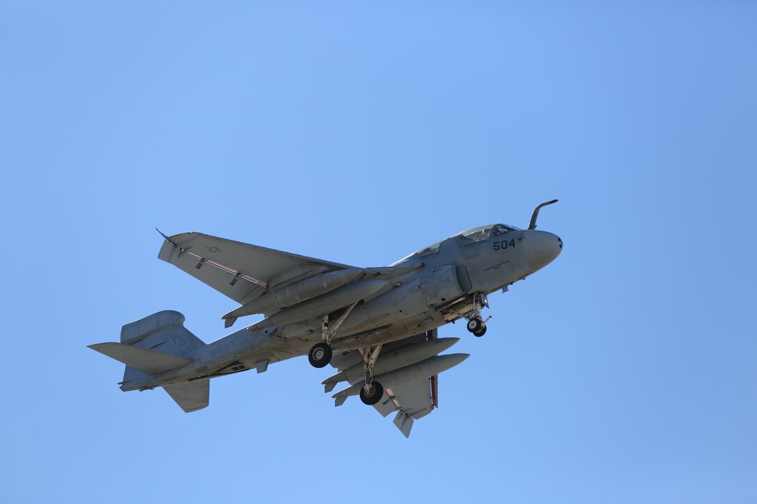 Navy EA-6B ‘Prowler’ performs its final fly-by above the Palm Springs Air Museum before its retirement, Nov. 21, 2014. The aircraft was one of the last four active ‘Prowlers’ in the Navy air fleet and has been in service since Aug. 1987. (Official Marine Corps Photo by Lance Cpl. Julio McGraw/Released)
