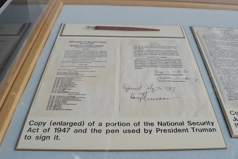 DAYTON, Ohio -- Copies of the National Security Act of 1947 and Executive Order 9877, along with the pen with which President Harry Truman signed the Act, are on display in the Presidential Gallery at the National Museum of the United States Air Force. (U.S. Air Force photo)

