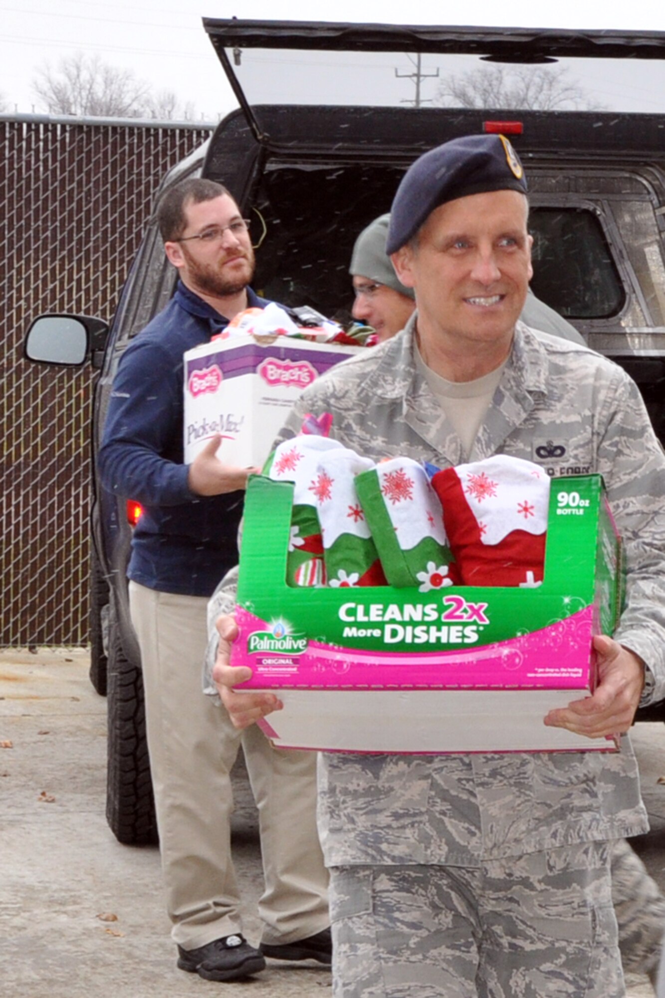 YOUNGSTOWN AIR RESERVE STATION, Ohio – Citizen Airmen assigned to the Air Force Reserve’s 910th Airlift Wing, based here, unload a small portion of more than 950 stockings brimming with goodies, holiday greeting cards, food stuffs and more at the YARS Fitness Center here, Nov. 26, 2014. Three van loads of yuletide cheer, courtesy of the USO of Northern Ohio and the citizenry of the Cleveland suburb of Willoughby Hills, Ohio, arrived at YARS to be passed out later to the Air Force, Marine and Navy Reservists assigned here at upcoming holiday festivities. The mission of the USO of Northern Ohio is to lift the spirits of our local troops and their families by enhancing the quality of life with recreational programs and services that boost the morale of the U.S. Armed Forces personnel serving in and from the 29 northernmost counties of the great State of Ohio. The USO of Northern Ohio will also try to cultivate cooperative relationships between U.S. military communities and involved or supporting civilian communities. For more information about the USO of Northern Ohio, visit their website at: http://usonorthernohio.org/  U.S. Air Force photo by Master Sgt. Bob Barko Jr.