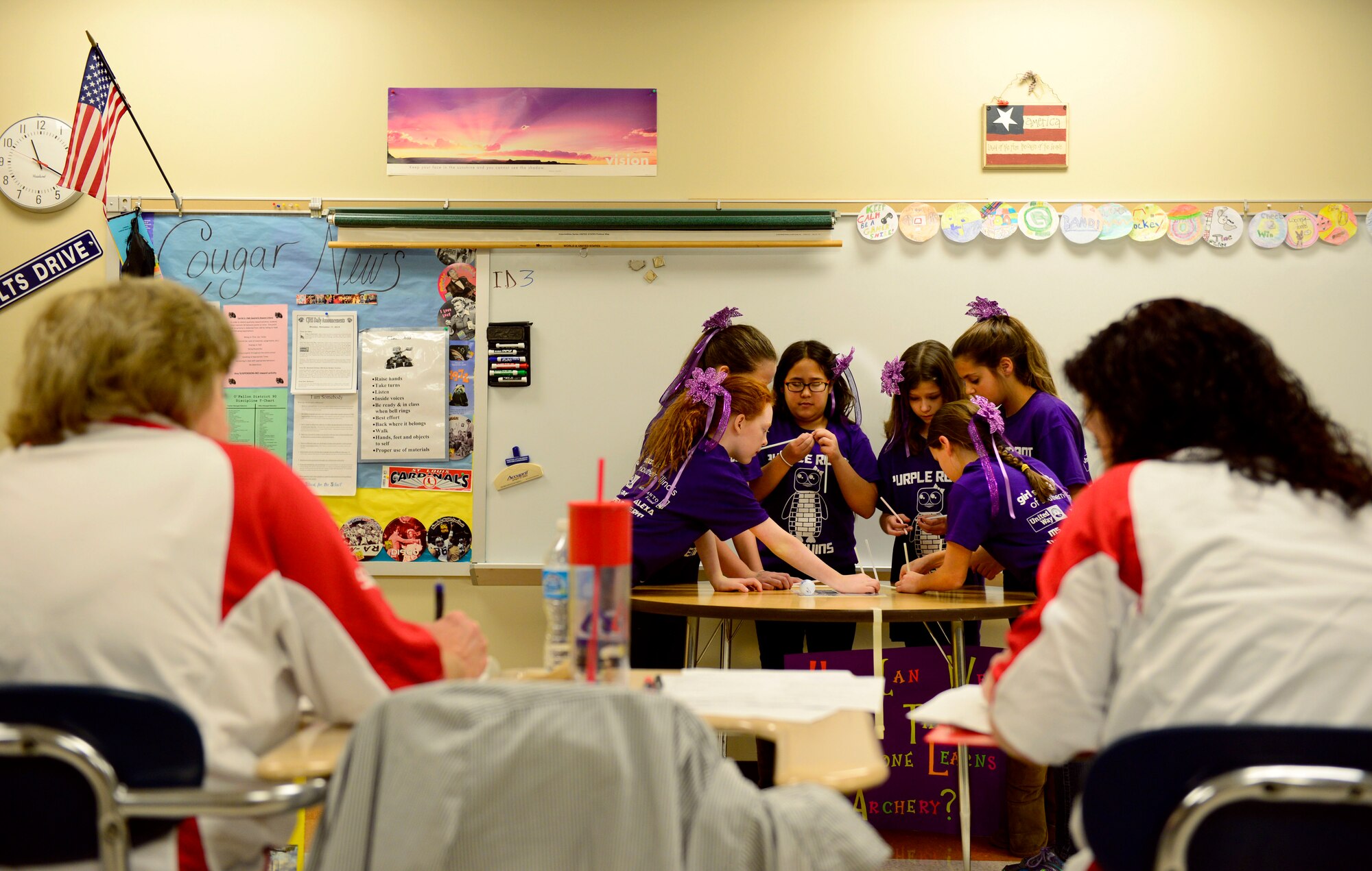 A team participates in the core values portion of a FIRST (For Inspiration and Recognition of Science and Technology) robotics qualifying tournament Nov. 22. Junior high school students from the O’Fallon and Edwardsville school districts (plus home-schooled teams) competed in the first Southwest Illinois qualifier of the year. (U.S. Air Force photo/ Staff Sgt. Stephenie Wade)