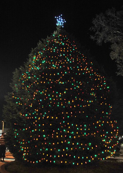 The base tree lights up the night at Seymour Johnson Air Force Base, North Carolina, Dec. 1, 2014. Col. Mark Slocum, 4th Fighter Wing commander, enlisted the help of some of Team Seymour’s younger members to throw the switches to light the tree. (U.S. Air Force photo/Senior Airman Ashley J. Thum)