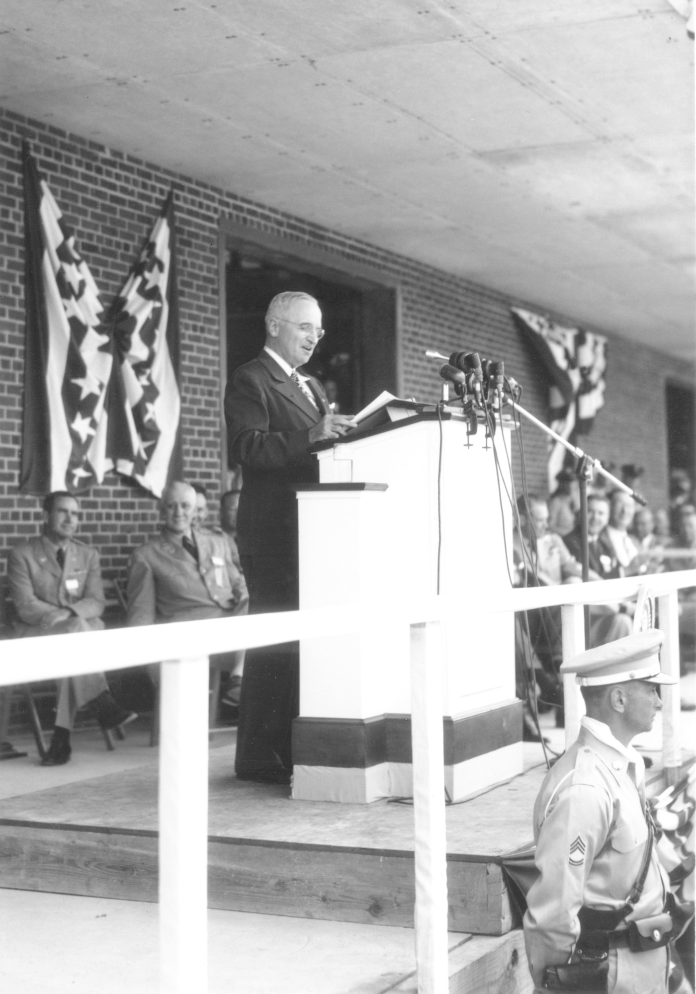 President Harry S. Truman delivers the dedication speech at AEDC from the Warehouse-1 platform on June 25, 1951. (AEDC file photo)
