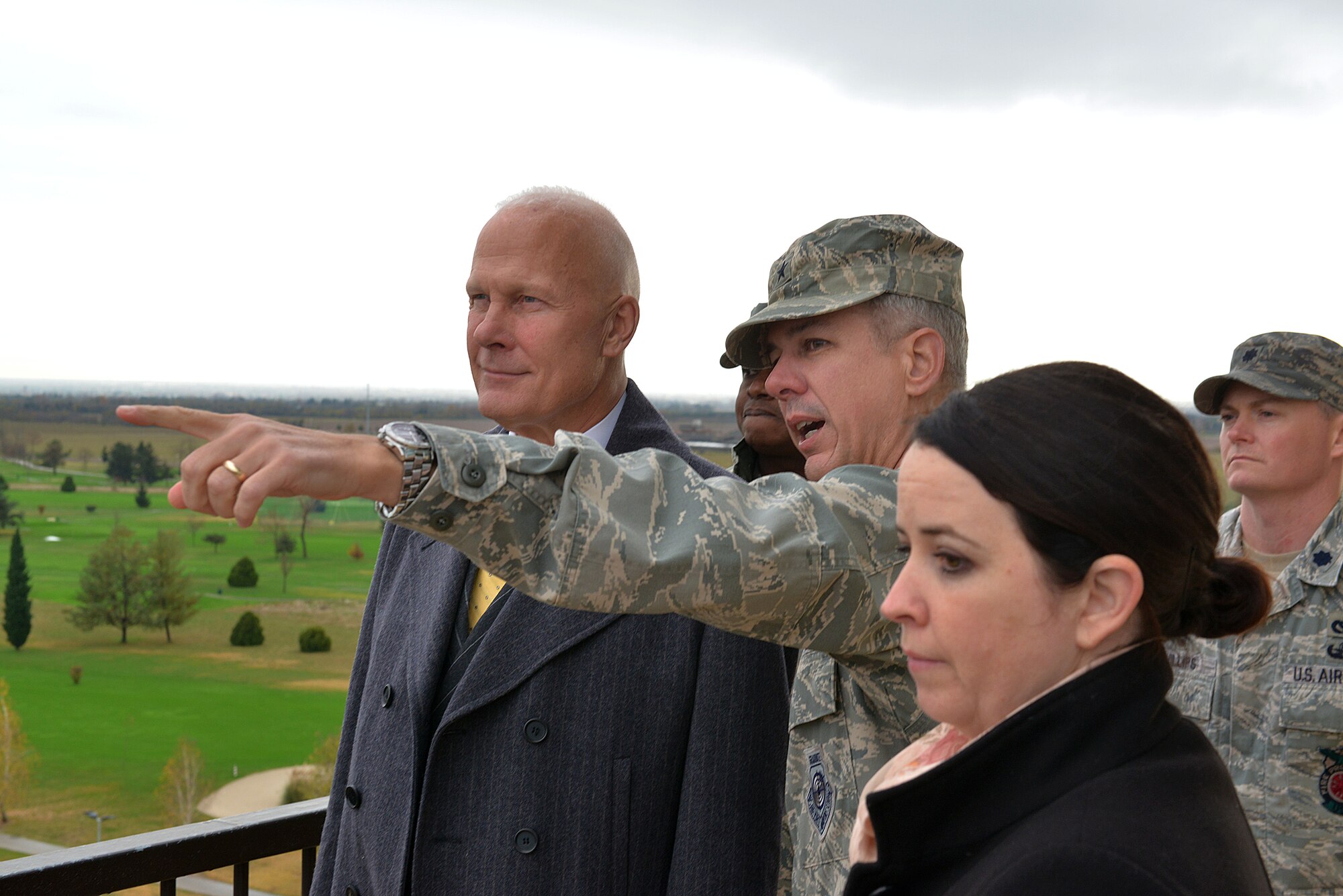 ‎Paul Berg, Minister Counselor for Political Affairs at U.S. Embassy Rome, receives a base familiarization briefing from Brig. Gen. Barre R. Seguin, 31st Fighter Wing commander, on the air traffic control tower, Dec. 1, 2014, at Aviano Air Base, Italy.  Berg visited several units on base to become familiar with Aviano’s mission. (U.S. Air Force photo/Airman 1st Class Ryan Conroy)