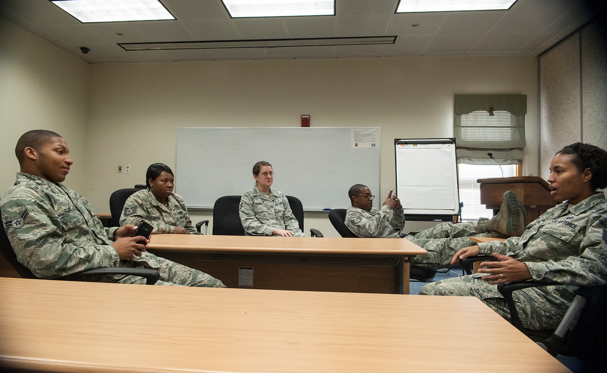 Members of the Sexual Assault Prevention and Response theater group practice a skit during a SAPR theater meeting at Osan Air Base, Republic of Korea, Nov. 25, 2014. The SAPR theater group is made up of volunteers from around the base who perform presentations about sexual assault. (U.S. Air Force photo by Senior Airman Matthew Lancaster)