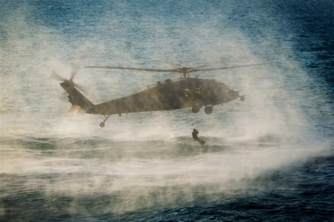 A U.S. Navy search and rescue swimmer jumps from a MH-60S Seahawk helicopter into the Arabian Gulf, Nov. 26, 2014.
