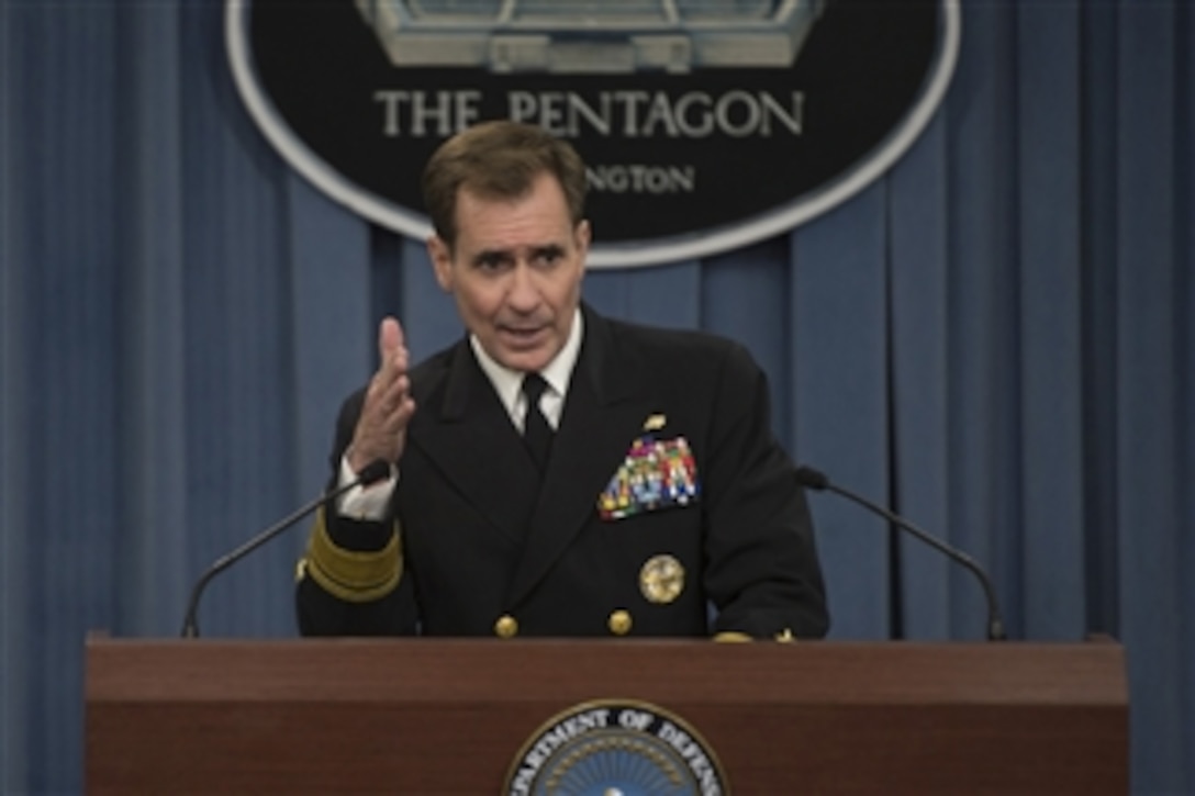 Pentagon Press Secretary Navy Rear Adm. John Kirby briefs reporters at the Pentagon, Dec. 2, 2014.