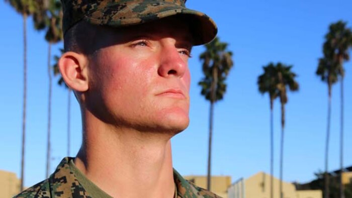 Recruit Esra D. Mullner, Platoon 3269, Mike Company, 3rd Recruit Training Battalion, stands at the position of attention at Marine Corps Recruit Depot San Diego, Calif., Nov. 21. Mullner is a Boise, Idaho native and was recruited out of Recruiting Substation Boise, Idaho.