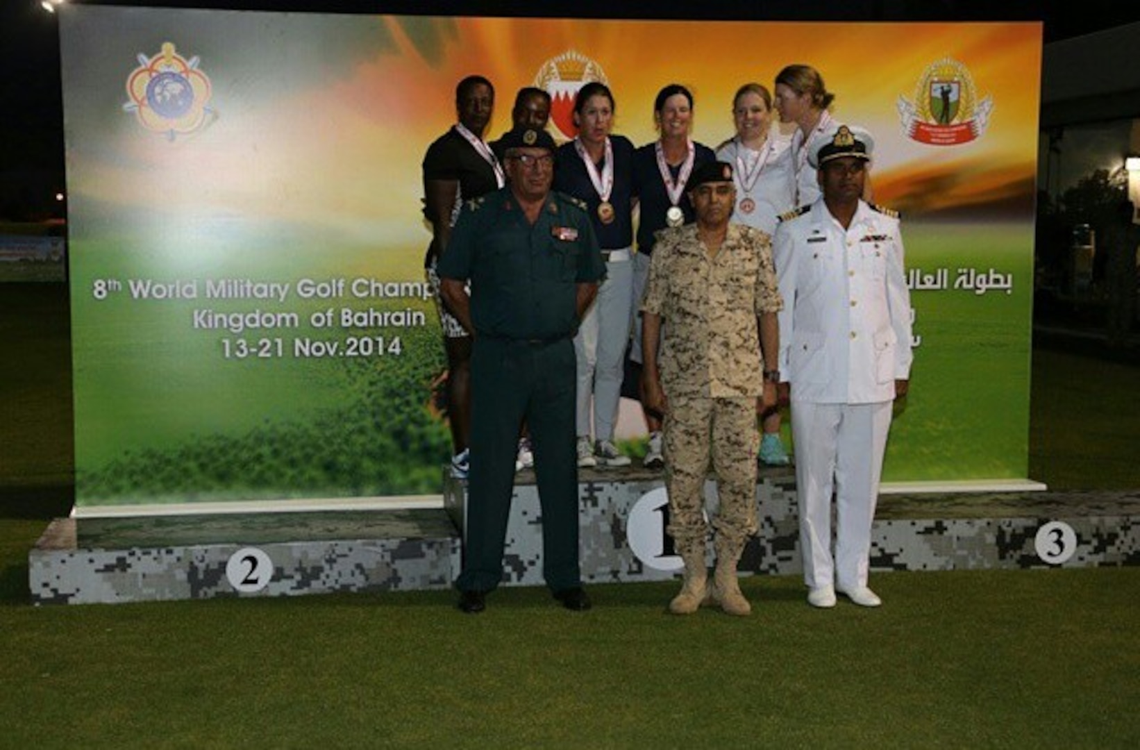 The US Armed Forces Women's Team win their seventh CISM World Military Golf Championship gold medal.  Air Force Maj Linda Jeffery and Navy Lieut. Nicole Johnson dominated the field on their way to gold. Jeffery and Johnson were also teammates during the 2012 CISM Championship where they earned gold as a tandem.  The 8th CISM World Military Golf Championship held in Bahrain 13-21 November 2014.