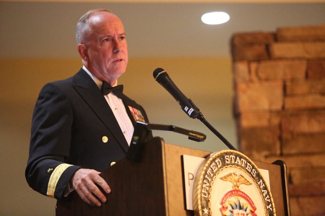 Rear Admiral Brent Scott, the 19th Chaplain of the United States Marine Corps and the Deputy Chief of Navy Chaplains and the guest of honor for the 239th United States Navy Chaplain Corps Birthday Ball, speaks to the audience at the Pacific Views Event Center aboard Marine Corps Base Camp Pendleton, Calif., December 1, 2014.  Navy Captain Guy M. Lee, the command chaplain of I MEF, hosted the ball.