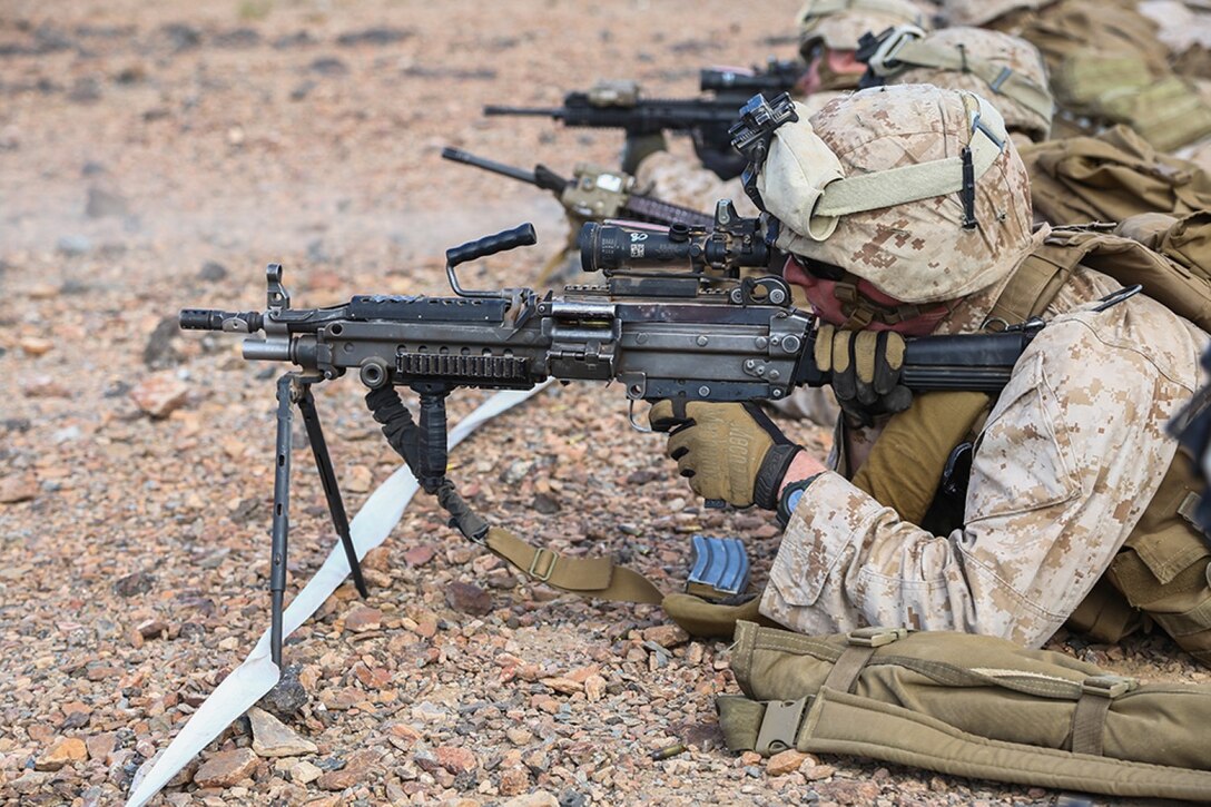 Lance Cpl. David I. Tanenbaum, a rifleman with Golf Company, Battalion Landing Team 2nd Battalion, 1st Marines, 11th Marine Expeditionary Unit (MEU), and Los Angeles native, battle zeros his weapon during sustainment training in D'Arta Plage, Djibouti, Dec. 2. The Makin Island Amphibious Ready Group (ARG) and the embarked 11th MEU provide a versatile, sea-based, expeditionary force that can be tailored to a variety of missions in the U.S. 5th Fleet area of responsibility. (U.S. Marine Corps photo by Cpl. Laura Y. Raga/Released) 