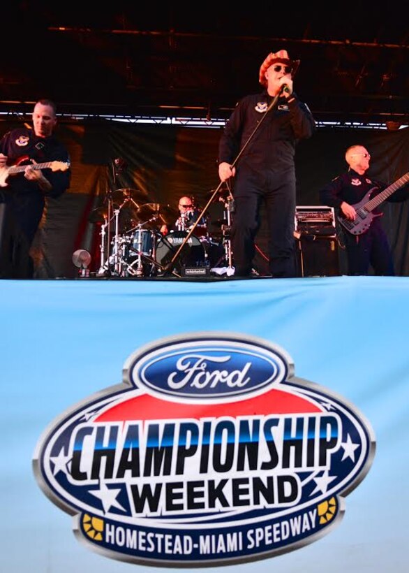 Members of Max Impact perform before the NASCAR Ford EcoBoost 200 on Friday, Nov. 14, at the Homestead-Miami Speedway. (U.S. Air Force photo by Senior Master Sgt. Bob Kamholz/released)