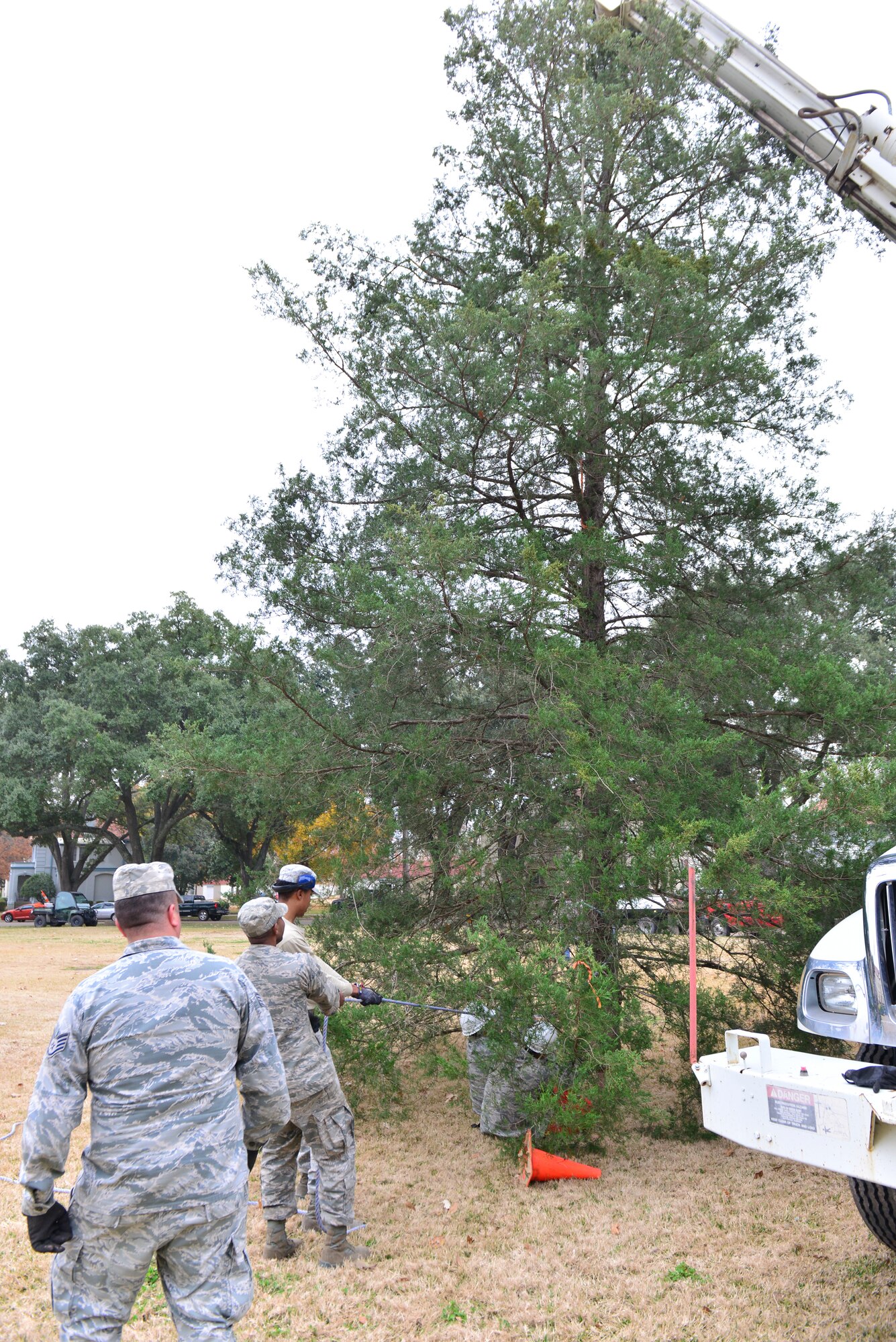 Airmen from the 2nd Civil Engineer Squadron raise a Christmas tree on Barksdale Air Force Base, La., Dec. 1, 2014. The annual lighting ceremony is scheduled for 5 p.m., Dec. 4 at chapel 1. (U.S. Air Force photo/Airman 1st Class Mozer O. Da Cunha)