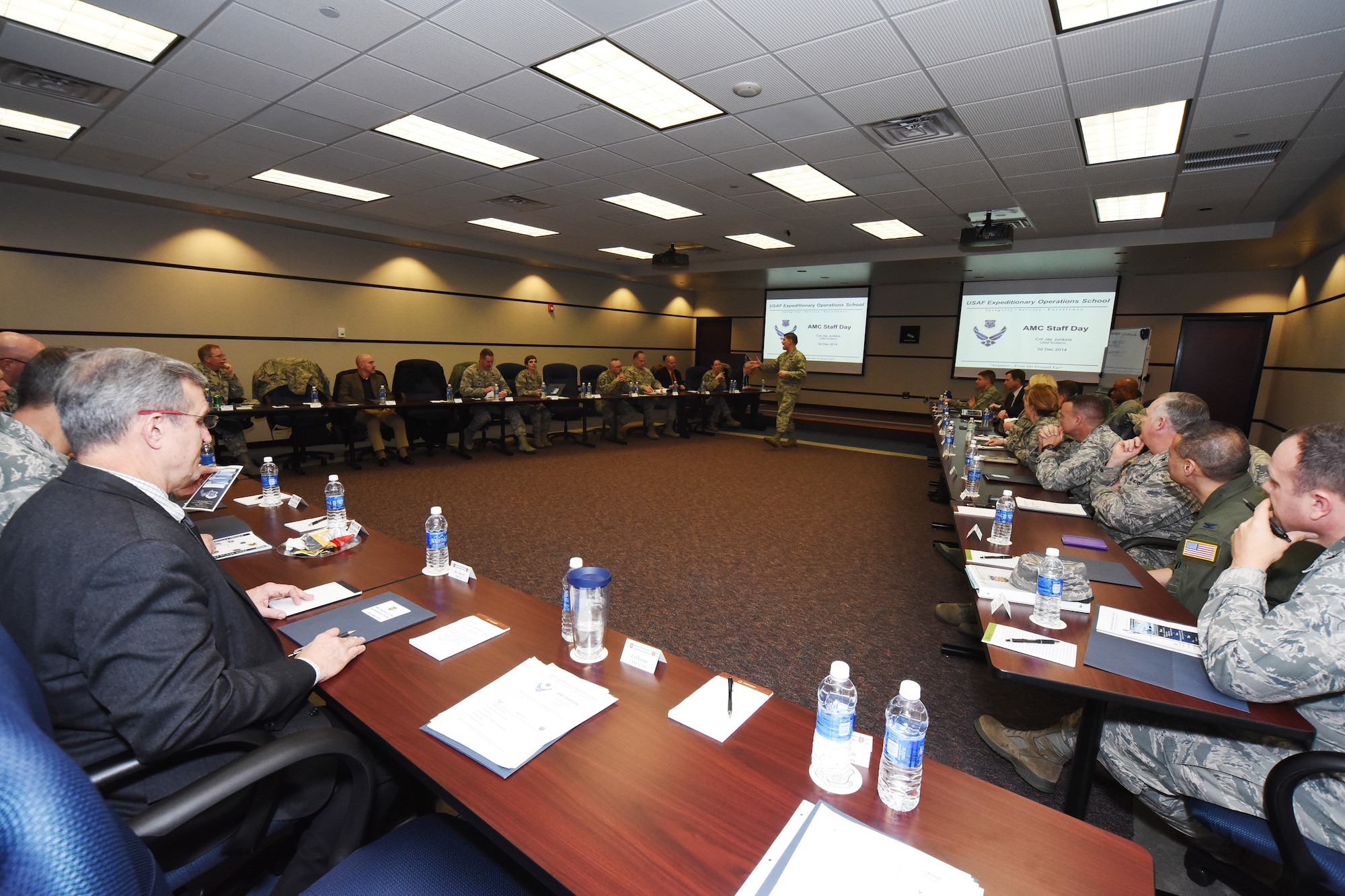 Key leadership from Air Mobility Command attended AMC Staff Day at the U.S. Air Force Expeditionary Center on December 2, 2014. Their visit included a EC mission brief and educational demonstrations from the USAF Expeditionary Operations School. They also engaged in discussions with EC leadership about a number of topics such as the future of Expeditionary Skills Training, direct support to the warfighter and EAGLE FLAG. (U.S. Air Force Photo/Danielle Brooks)