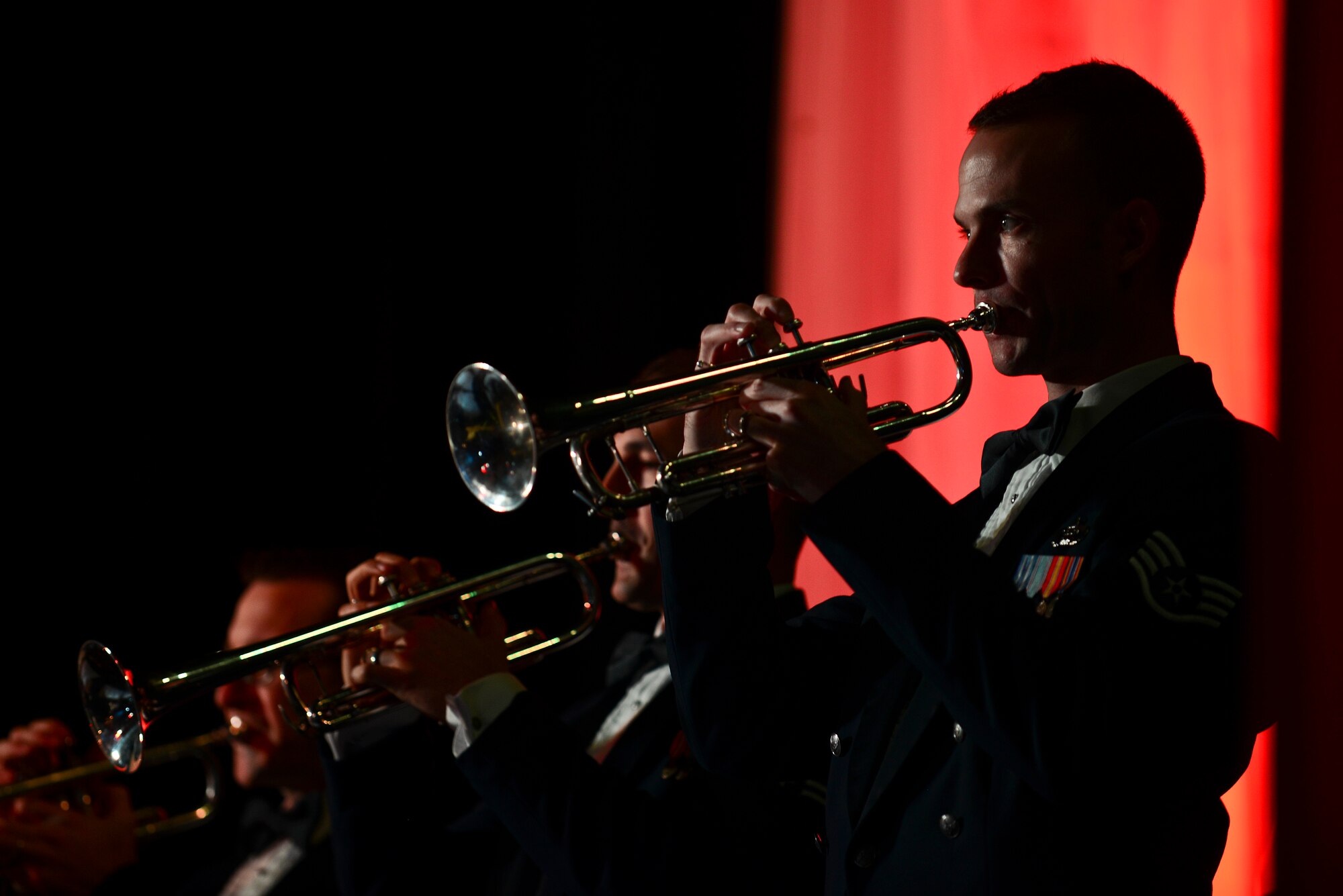 U.S. Air Force Staff Sgt. James Lantz, U.S. Air Force Heritage of America Band trumpeter, performs during the band’s holiday concert “Through Children’s Eyes” at Jamestown High School in Williamsburg, Va., Dec. 2, 2014. The 90-minute performance included various experiences for the audience, including a sing-a-long and a book reading. (U.S. Air Force photo by Senior Airman Kimberly Nagle/Released)
