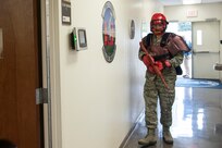 Staff Sgt. Scott Mellott, 902nd Security Forces Squadron NCO in charge of plans, plays the role of an active shooter during a Counter Active Shooter Tactics class Nov. 4 at Joint Base San Antonio-Randolph.(U.S. Air Force photo by Airman 1st Class Stormy Archer)
