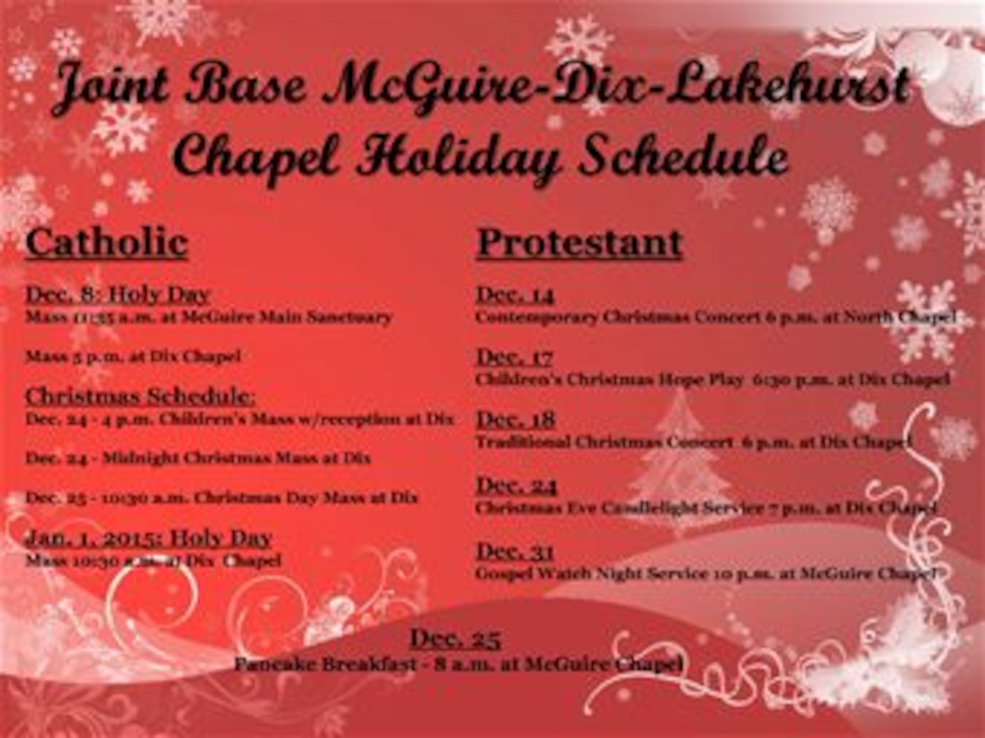 Joint Base McGuire-Dix-Lakehurst Chapel Holiday Schedule