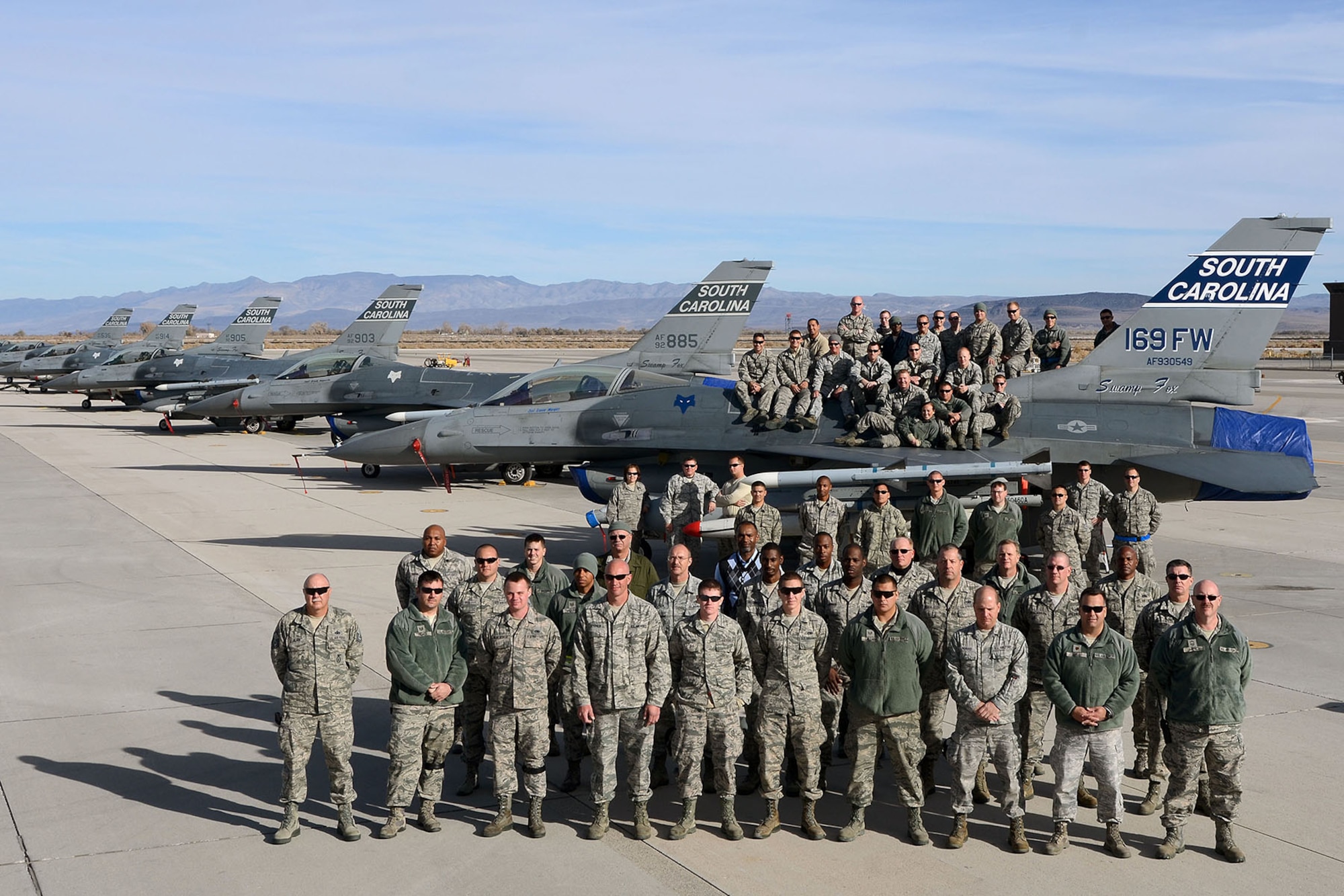 U.S. Air Force members from the 169th Fighter Wing and South Carolina Air National Guard are deployed to Naval Air Station Fallon, Nevada, to support Naval Carrier Air Wing One with pre-deployment fighter jet training, integrating the F-16’s suppression of enemy air defenses (SEAD) capabilities with U.S. Navy fighter pilots.   (U.S. Air National Guard photo by Tech. Sgt. Caycee Watson/RELEASED)
