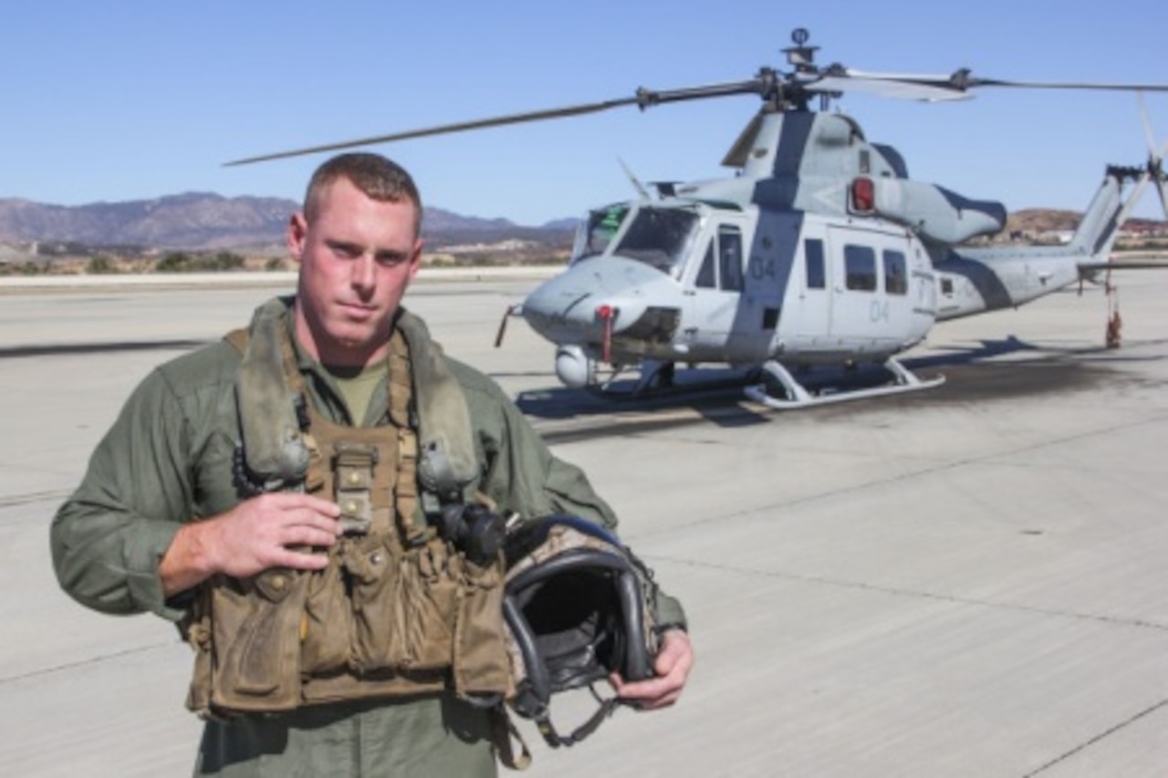 Marine Corps Cpl. James Hibler is a UH-1Y Huey helicopter crew chief with Marine Light Attack Helicopter Squadron 469, Marine Aircraft Group 39, I Marine Expeditionary Force, stationed at Marine Corps Base Camp Pendleton, Calif. After graduating from the University of North Texas, Hibler wanted a job outside the norm. Hibler has been with HMLA-469 for approximately one-and-a-half years and he’s slated to deploy with them to Japan later this month. U.S. Marine Corps photo by Lance Cpl. Caitlin Bevel