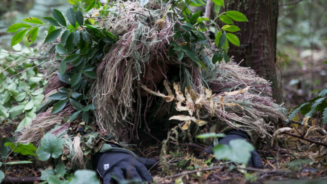A Japan Ground Self-Defense Force member low crawls toward an objective Dec. 2 in the Oyanohara Training Area in Yamato, Kumamoto prefecture, Japan. The stalk lane training was part of Forest Light 15-1, a semi-annual, bilateral exercise consisting of a command post exercise and field training events conducted by elements of III Marine Expeditionary Force and the JGSDF to enhance the U.S. and Japan military partnership, solidify regional security agreements and improve individual and unit-level skills. The JGSDF member is a scout sniper with 42nd Regiment, 8th Division, Western Army, JGSDF. (U.S. Marine Corps photo by Cpl. Drew Tech/Released)