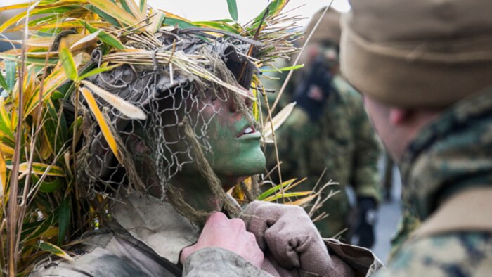 U.S. Marine Lance Cpl. Jonas G. Dewald works with a fellow Marine to don his ghillie suit Dec. 2 in the Oyanohara Training Area in Yamato, Kumamoto prefecture, Japan. The concealment training is part of Forest Light 15-1, a semi-annual, bilateral exercise consisting of a command post exercise and field training events conducted by elements of III Marine Expeditionary Force and the Japan Ground Self-Defense Force to enhance the U.S. and Japan military partnership, solidify regional security agreements and improve individual and unit-level skills. Dewald, from Wilson, North Carolina, is a machine gunner with Weapons Company, 2nd Battalion, 9th Marine Regiment, currently attached to 4th Marine Regiment, 3rd Marine Division, III MEF, under the unit deployment program. (U.S. Marine Corps photo by Cpl. Drew Tech/Released)
