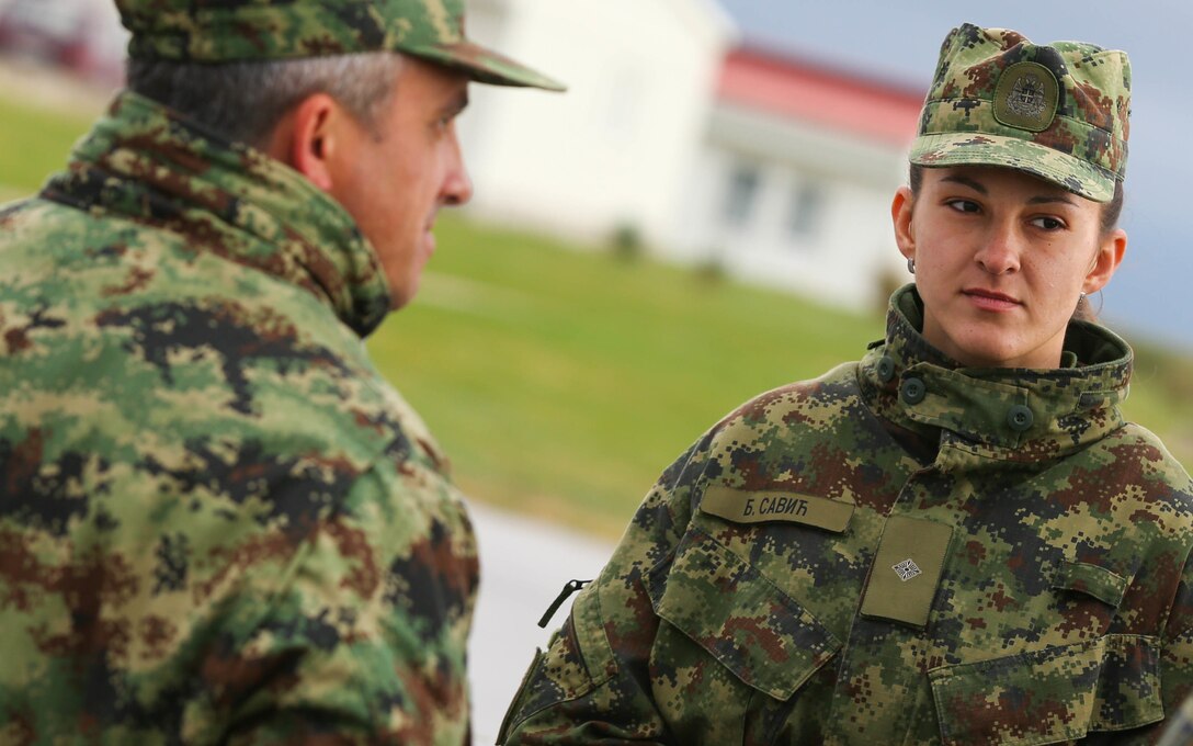 A Serbian soldier along with more than 250 military participants from seven countries gathered on the parade deck of Serbia's South Base during this year's exercise Platinum Wolf opening ceremony, Nov. 17. Platinum Wolf is a peacekeeping operations training exercise focused on nonlethal systems and basic infantry skills. Units train together as coalitions, developing and improving proficiency of peacekeeping procedures like crowd and riot control. Forces from Bulgaria, Croatia, Macedonia, Romania, Serbia and the U.S. will be participating in the two week training.