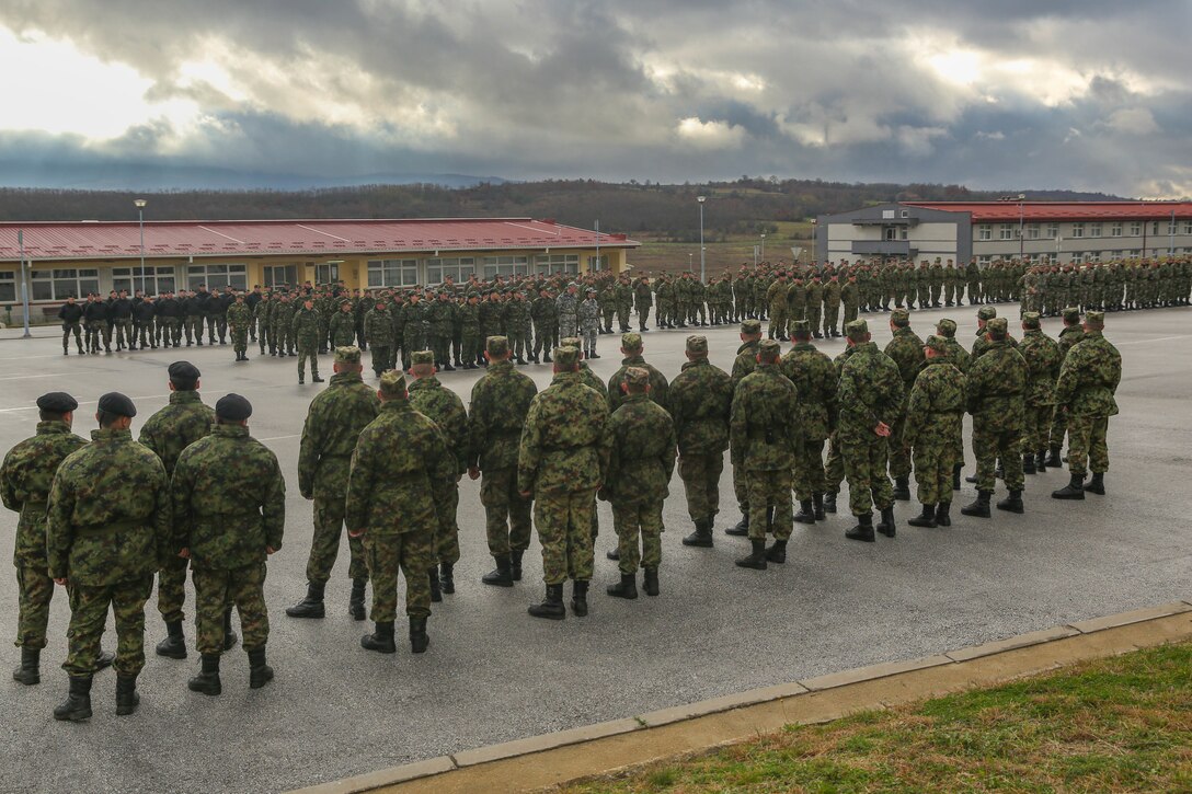 More than 250 service members from seven countries gathered at Serbia's South Base during this year's Exercise Platinum Wolf opening ceremony, Nov. 17. Platinum Wolf  is a peacekeeping operations training exercise focused on non-lethal systems and basic infantry skills featuring forces from Bulgaria, Croatia, Macedonia, Romania, Serbia and the U.S. will be participating in the two week training.