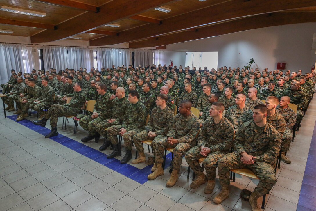Service members from seven countries, that will train together as an international coalition during Exercise Platinum Wolf, conduct a safety brief at South Base, Serbia, Nov. 17. Forces from Bulgaria, Croatia, Macedonia, Romania, Serbia and the U.S. will develop and improve peacekeeping procedures during the two-week evolution. Platinum Wolf is a peacekeeping operations training exercise focused on non-lethal systems and basic infantry skills. Units train together as coalitions, developing and improving proficiency of peacekeeping procedures like crowd and riot control.