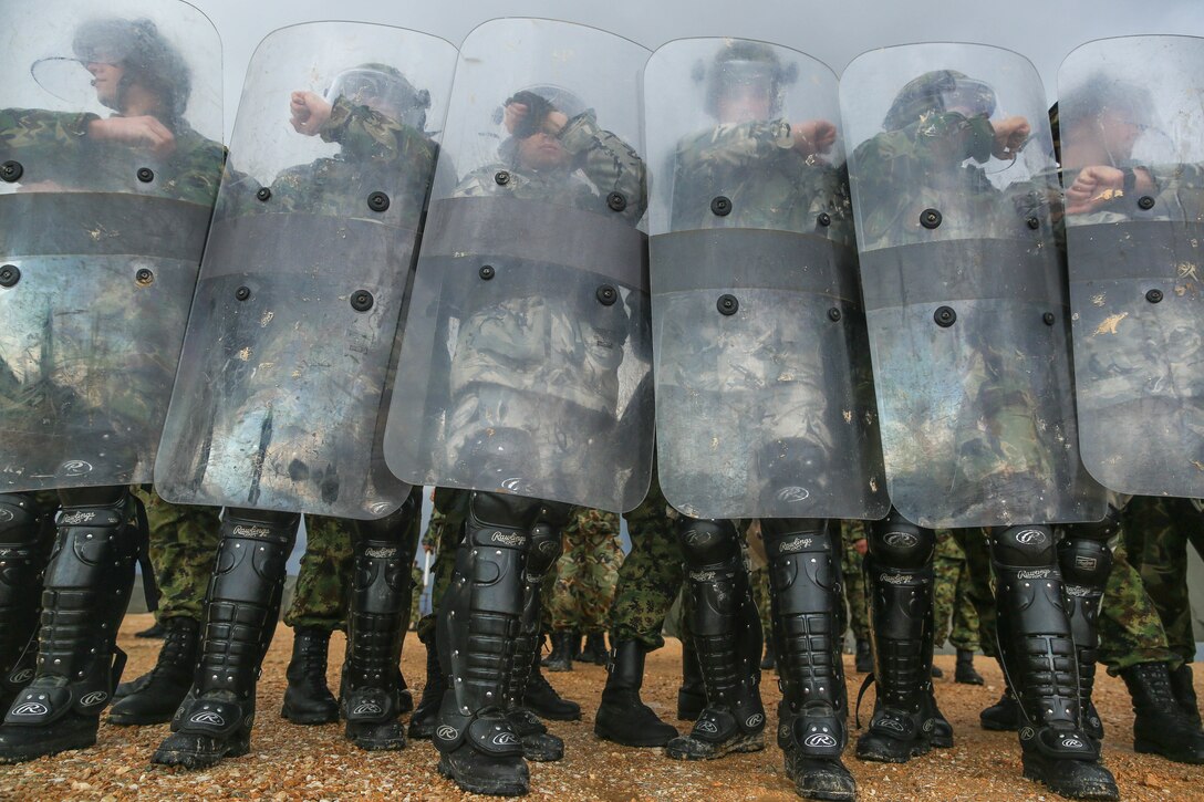 Bulgarian and Serbian soldiers don riot-control gear and prepare to face-off with an unruly crowd of Marines during a Platinum Wolf 15 training scenario at South Base, Serbia Nov. 19. Platinum Wolf is a peacekeeping operations training exercise focused on non-lethal systems and basic infantry skills. Units train together as coalitions, developing and improving proficiency of peacekeeping procedures like crowd and riot control. Forces from Bulgaria, Croatia, Macedonia, Romania, Serbia and the U.S. will be participating in the two week training.