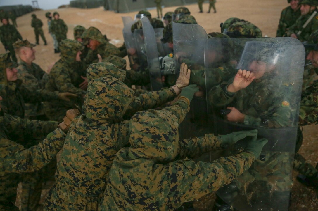 Marines attempt to break through a wall of Bulgarian and Serbian soldiers during the riot control course of Platinum Wolf 15 at South Base, Serbia, Nov. 19. Platinum Wolf is a peacekeeping operations training exercise focused on non-lethal systems and basic infantry skills. Units train together as coalitions, developing and improving proficiency of peacekeeping procedures like crowd and riot control. Forces from Bulgaria, Croatia, Macedonia, Romania, Serbia and the U.S. will be participating in the two week training.