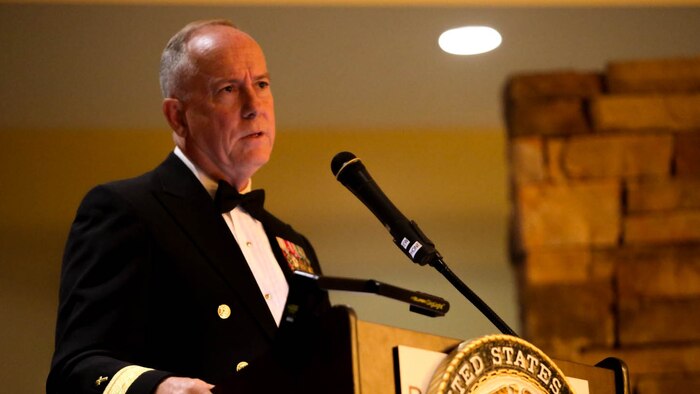 Rear Admiral Brent Scott, the 19th Chaplain of the United States Marine Corps and the Deputy Chief of Navy Chaplains and the guest of honor for the 239th United States Navy Chaplain Corps Birthday Ball, speaks to the audience at the Pacific Views Event Center aboard Marine Corps Base Camp Pendleton, Calif., December 1, 2014.  Navy Captain Guy M. Lee, the command chaplain of I MEF, hosted the ball.