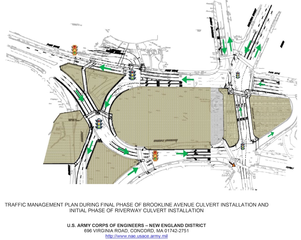 This graphic shows vehicular and pedestrian traffic changes beginning December 13 on Brookline Avenue due to Muddy River project. Brookline Avenue Inbound will be shifted right between the Riverway Connector and Park Drive.