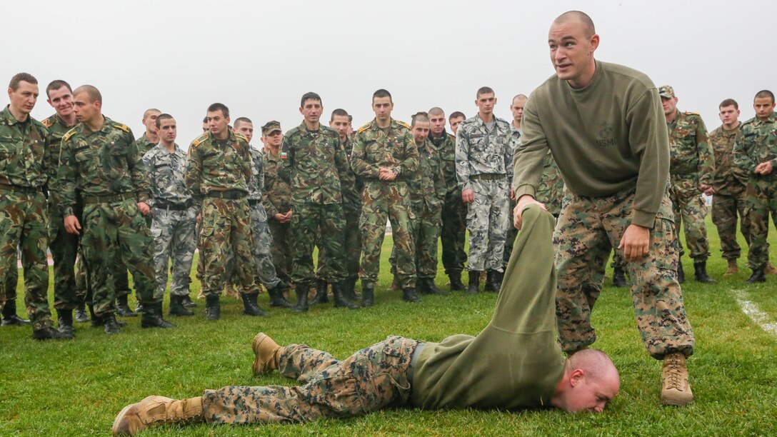 Marines demonstrate a non-lethal defensive maneuver used to fend off, overcome and subsequently detain aggressors during peacetime operations during exercise Platinum Wolf 15 at South Base, Serbia, Nov. 18. Platinum Wolf is a peacekeeping operations training exercise focused on non-lethal systems and basic infantry skills. Units train together as coalitions, developing and improving proficiency of peacekeeping procedures like crowd and riot control. Forces from Bulgaria, Croatia, Macedonia, Romania, Serbia and the U.S. will be participating in the two week training.