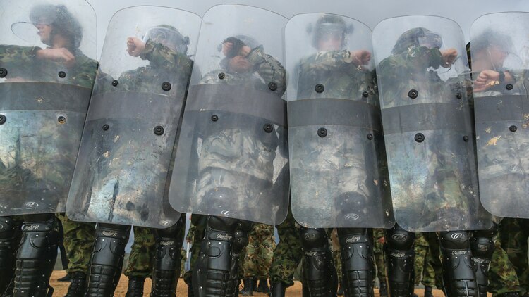 Bulgarian and Serbian soldiers don riot-control gear and prepare to face-off with an unruly crowd of Marines during a Platinum Wolf 15 training scenario at South Base, Serbia Nov. 19. Platinum Wolf is a peacekeeping operations training exercise focused on non-lethal systems and basic infantry skills. Units train together as coalitions, developing and improving proficiency of peacekeeping procedures like crowd and riot control. Forces from Bulgaria, Croatia, Macedonia, Romania, Serbia and the U.S. will be participating in the two week training.