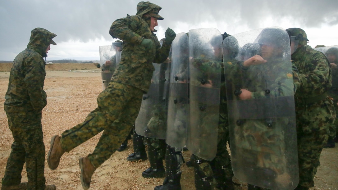 Marines attempt to break through a wall of Bulgarian and Serbian soldiers during the riot control course of Platinum Wolf 15 at South Base, Serbia Nov. 19. Platinum Wolf is a peacekeeping operations training exercise focused on non-lethal systems and basic infantry skills. Units train together as coalitions, developing and improving proficiency of peacekeeping procedures like crowd and riot control. Forces from Bulgaria, Croatia, Macedonia, Romania, Serbia and the U.S. will be participating in the two week training.