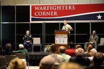 1st Lt. M. Joel Wagaman, project manager for Combat Vehicle Training Systems and the Close Combat Tactical Trainer in Marine Corps Systems Command's Training Systems, participates in the "Warfighters Corner" speaker panel Dec. 3 in Orlando, Fla. The panel event, part of the 2014 Interservice / Industry Training, Simulation and Education Conference, gives active-duty military members an opportunity to speak to government and industry members about their experiences in combat and provide suggestions to improve existing gear they used in the field. Wagaman is an Assault Amphibious Vehicle operator by trade. 