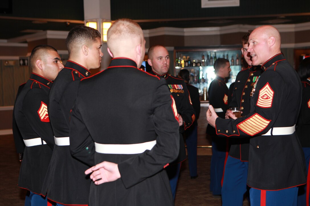 Sgt. Maj. Micheal P. Barrett, the 17th Sergeant Major of the Marine Corps, attends the Staff Non-commissioned Officers Academy Quantico Sergeant’s Course 1-15 Mess Night at the Clubs at Quantico, Va., Nov. 19, 2014. (U.S. Marine Corps photo by Sgt. Marionne T. Mangrum)