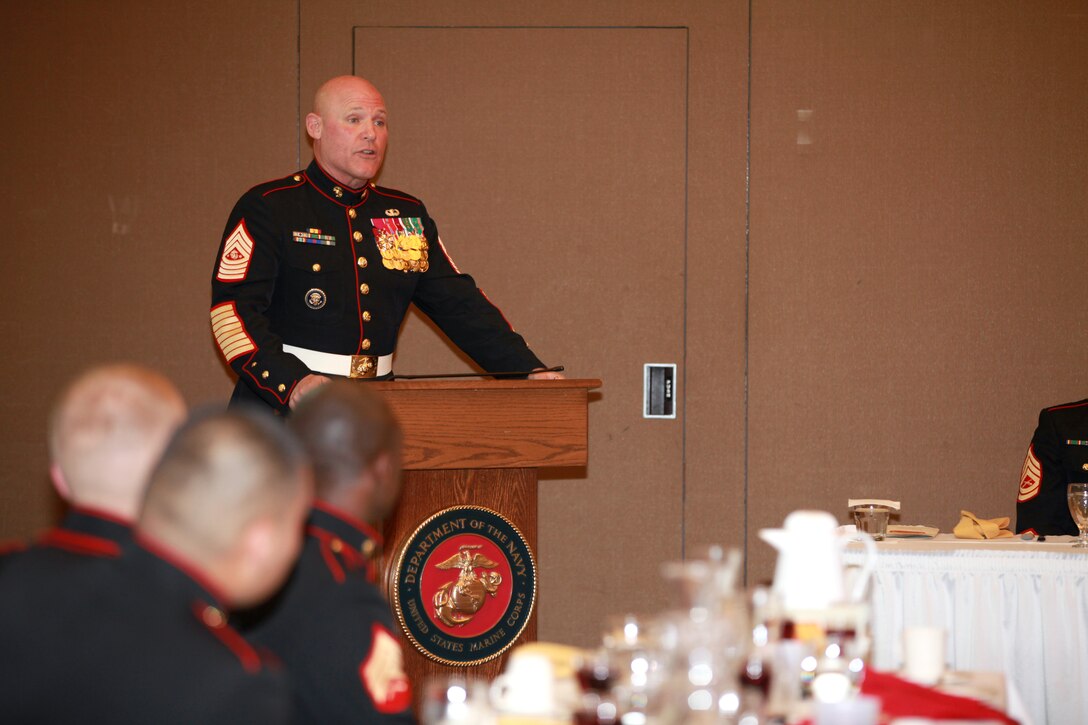 Sgt. Maj. Micheal P. Barrett, the 17th Sergeant Major of the Marine Corps, attends the Staff Non-commissioned Officers Academy Quantico Sergeant’s Course 1-15 Mess Night at the Clubs at Quantico, Va., Nov. 19, 2014. (U.S. Marine Corps photo by Sgt. Marionne T. Mangrum)