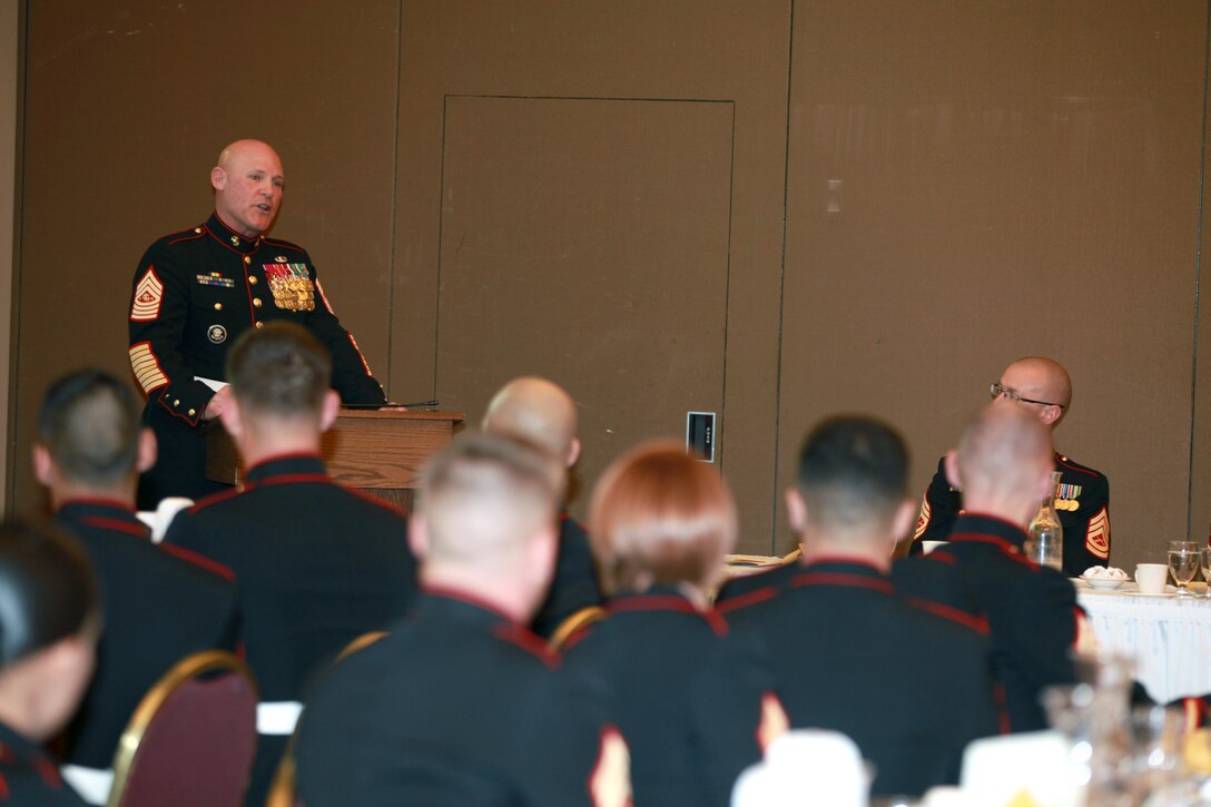 Sgt. Maj. Micheal P. Barrett, the 17th Sergeant Major of the Marine Corps, attends the Staff Non-commissioned Officers Academy Quantico Sergeant’s Course 1-15 Mess Night at the Clubs at Quantico, Va., Nov. 19, 2014. (U.S. Marine Corps photo by Sgt. Marionne T. Mangrum)
