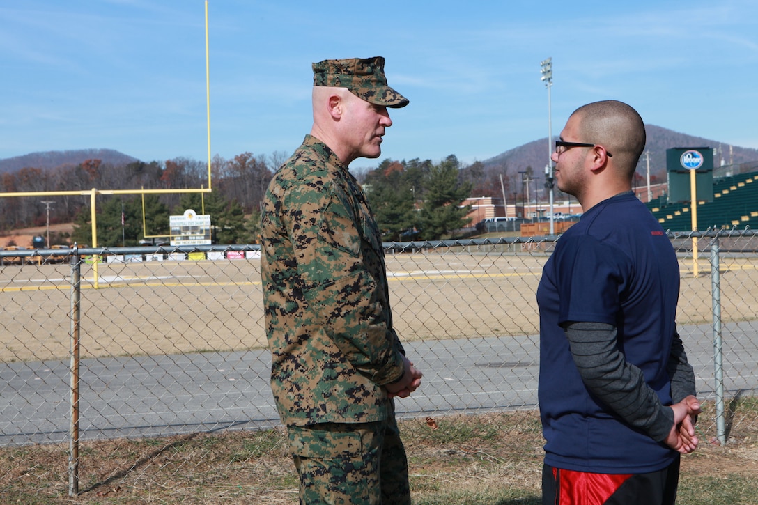 Sgt. Maj. Micheal P. Barrett, the 17th Sergeant Major of the Marine Corps, attends a Recruiting Station Richmond pool function involving a field meet and cake cutting ceremony celebration the Marine Corps' 239th birthday in Roanoke, Va., Nov. 22, 2014. (U.S. Marine Corps photo by Sgt. Marionne T. Mangrum)