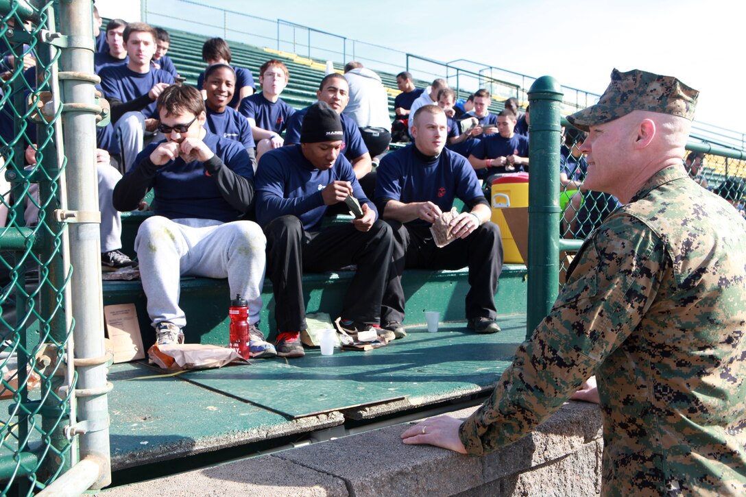 Sgt. Maj. Micheal P. Barrett, the 17th Sergeant Major of the Marine Corps, attends a Recruiting Station Richmond pool function involving a field meet and cake cutting ceremony celebrating the Marine Corps’ 239th birthday in Roanoke, Va., Nov. 22, 2014. (U.S. Marine Corps photo by Sgt. Marionne T. Mangrum)
