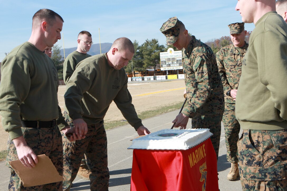 Sgt. Maj. Micheal P. Barrett, the 17th Sergeant Major of the Marine Corps, attends a Recruiting Station Richmond pool function involving a field meet and cake cutting ceremony celebrating the Marine Corps’ 239th birthday in Roanoke, Va., Nov. 22, 2014. (U.S. Marine Corps photo by Sgt. Marionne T. Mangrum)