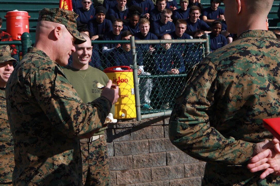 Sgt. Maj. Micheal P. Barrett, the 17th Sergeant Major of the Marine Corps, attends a Recruiting Station Richmond pool function involving a field meet and cake cutting ceremony celebrating the Marine Corps’ 239th birthday in Roanoke, Va., Nov. 22, 2014. (U.S. Marine Corps photo by Sgt. Marionne T. Mangrum)
