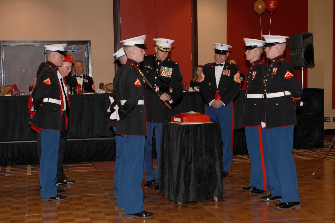 Sgt. Maj. Micheal P. Barrett, the 17th Sergeant Major of the Marine Corps, participates in the 4th Combat Engineer Battalion, Company B celebration of the Marine Corps’ 239th birthday at the Sheraton Roanoke Hotel in Roanoke, Va., Nov. 22, 2014. (U.S. Marine Corps photo by Sgt. Marionne T. Mangrum)