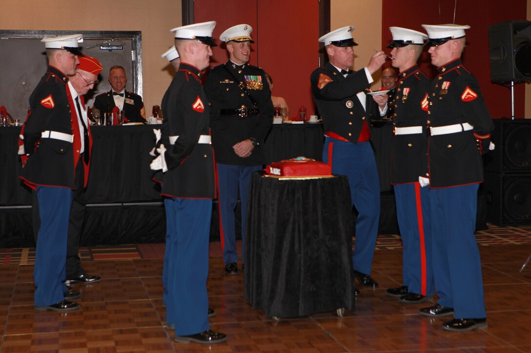 Sgt. Maj. Micheal P. Barrett, the 17th Sergeant Major of the Marine Corps, participates in the 4th Combat Engineer Battalion, Company B celebration of the Marine Corps’ 239th birthday at the Sheraton Roanoke Hotel in Roanoke, Va., Nov. 22, 2014. (U.S. Marine Corps photo by Sgt. Marionne T. Mangrum)