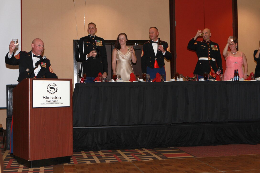 Sgt. Maj. Micheal P. Barrett, the 17th Sergeant Major of the Marine Corps, participates in the 4th Combat Engineer Battalion, Company B celebration of the Marine Corps’ 239th birthday at the Sheraton Roanoke Hotel in Roanoke, Va., Nov. 22, 2014. (U.S. Marine Corps photo by Sgt. Marionne T. Mangrum)
