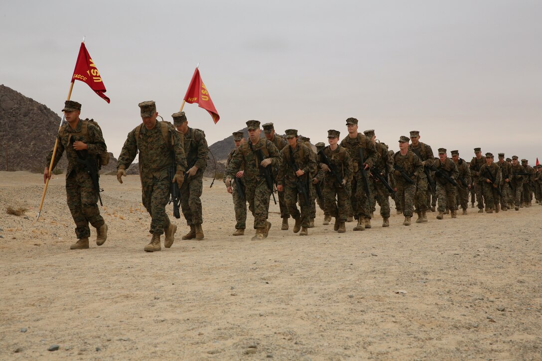Sgt. Maj. Abel Leal, Headquarters Battalion, leads Company A in an HQBN Non-Commissioned Officers hike aboard the Combat Center, Dec. 3, 2014. (Official Marine Corps photo by Lance Cpl. Thomas Mudd/Released)