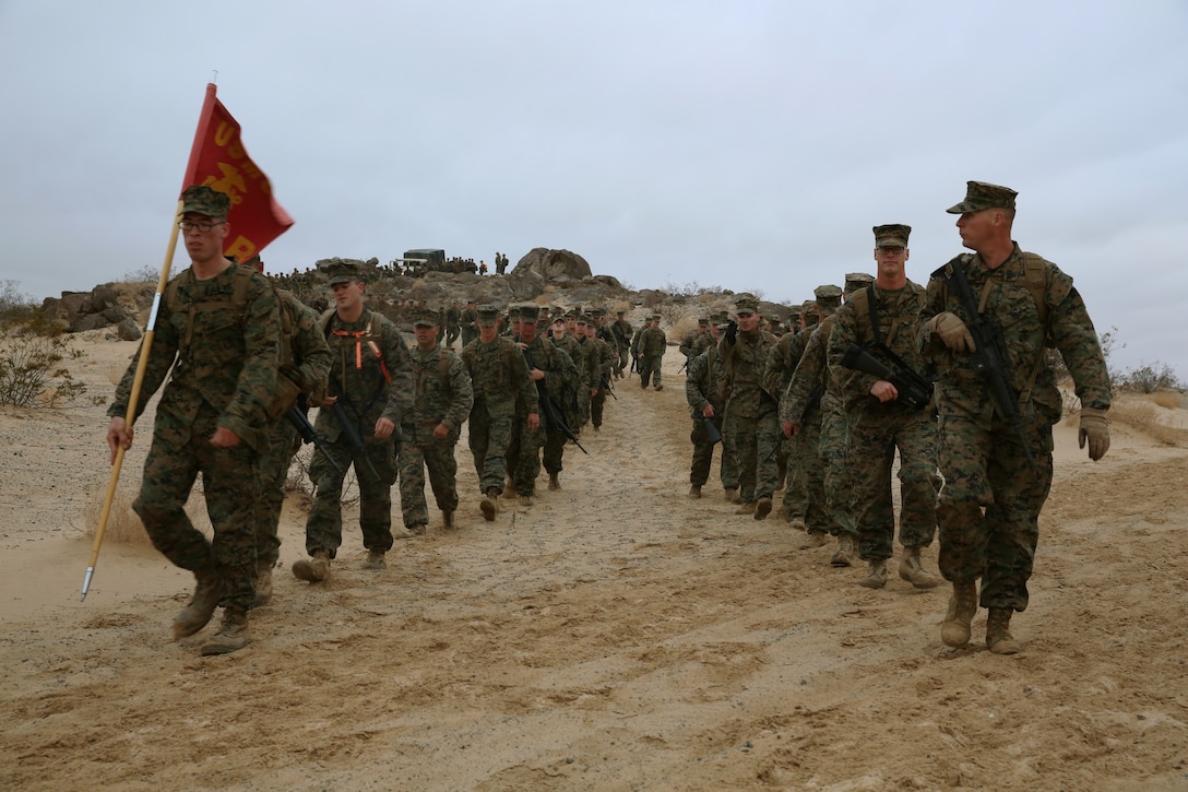 Company B, Headquarters Battalion, participate in a Non-Commissioned Officers hike, aboard the Combat Center, Dec. 3, 2014. (Official Marine Corps photo by Lance Cpl. Thomas Mudd/ Released)