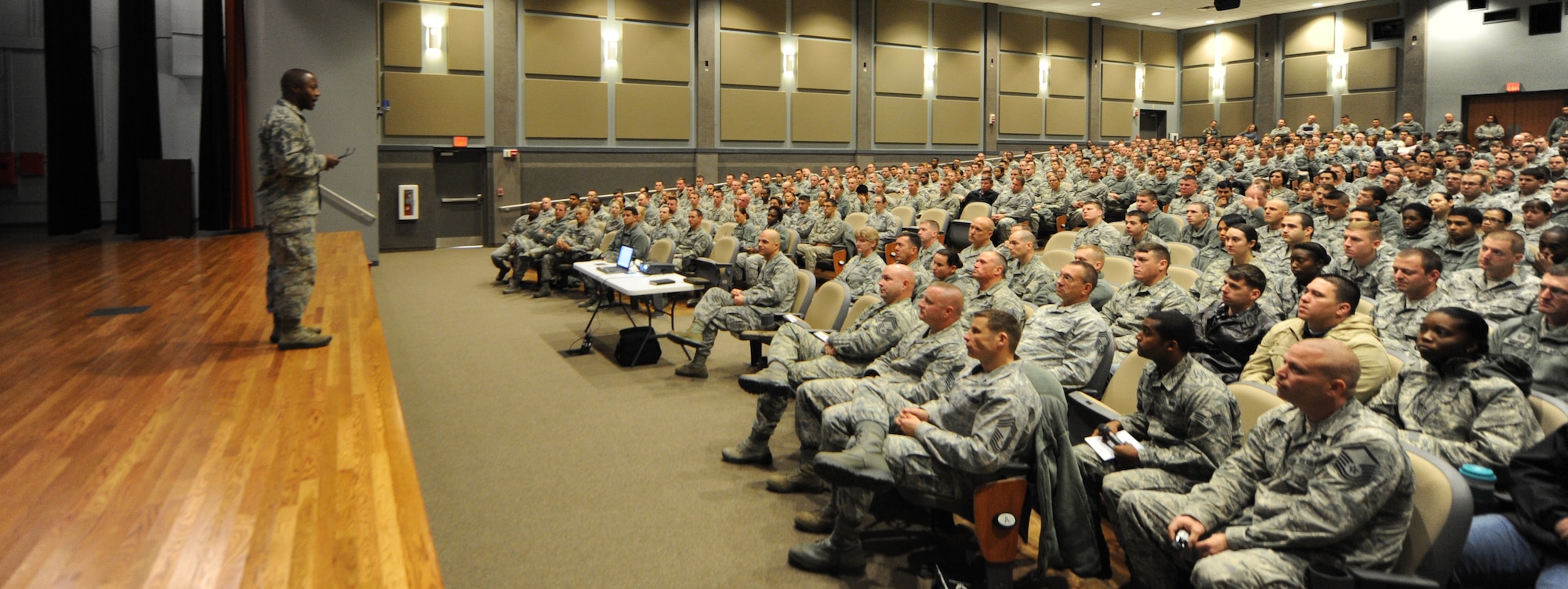 U.S. Air Force Chief Master Sgt. Eddie Webb, 7th Bomb Wing command chief, answers questions from Dyess Airmen during an enlisted all-call Nov. 18, 2014, at Dyess Air Force Base, Texas.  During the all-call, Webb addressed the concerns of Airmen created by the changes to the Enlisted Evaluation System and the Weighted Airman Promotion System. (U.S. Air Force photo by Airman 1st Class Autumn Velez/Released)